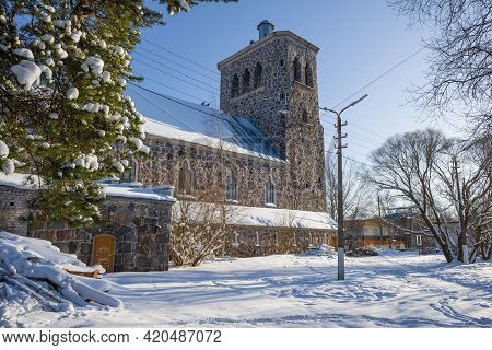 View Of The Old Building Of The Lutheran Church On A Sunny February Day. Priozersk, Russia