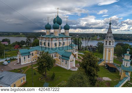 Ancient Resurrection Cathedral Under A Cloudy Sky On A July Day. Shooting From A Quadcopter. Tutaev 