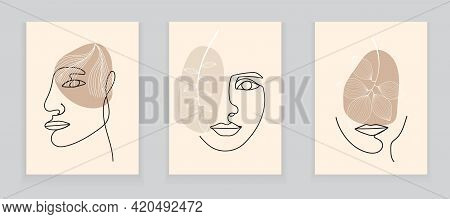 Boho Women Faces On Abstract Wall Art Vector. Surreal Portraits Set, Girl Face With Leaves In Line S