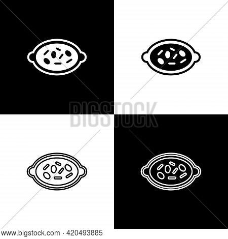 Set Kheer In A Bowl Icon Isolated On Black And White Background. Traditional Indian Food. Vector