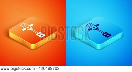 Isometric Electrical Hand Concrete Mixer Icon Isolated On Orange And Blue Background. Handheld Elect
