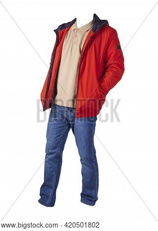 Red  Jacket,beige Shirt And Blue Jeans Isolated On White Background. Casual Fashion Clothes