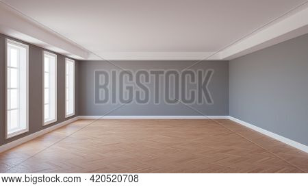 Empty Interior With Grey Walls And Parquet Floor, 3d Rendering