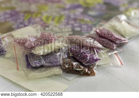 Bags With Multi-colored Beads For Embroidery Of Pictures. Preparation For Embroidery, Selection Of B