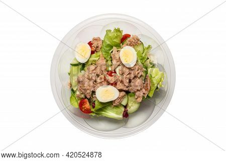 Fresh Tuna Salad With Lettuce, Cucombers, Cherries And Eggs.  Top View.