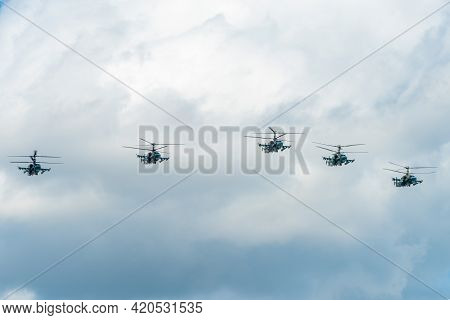 May 7, 2021, Moscow, Russia. Ka-52 Alligator Attack Helicopters Over Red Square In Moscow.