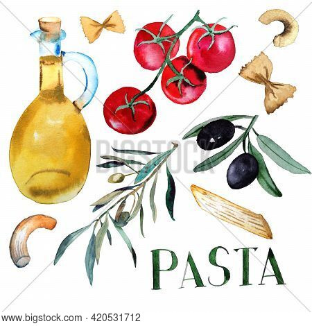 Set Of Watercolor Elements Isolated On White Background: Tomato, Pasta, Olives, Olive Oil