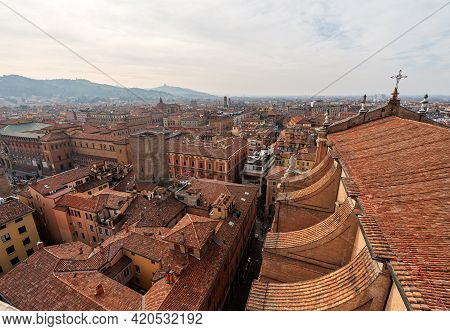 Bologna City With The Medieval Tower (torre Degli Scappi) And The Accursio Palace, Seen From The Bel