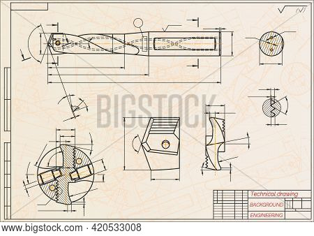 Mechanical Engineering Drawings On Blue Background. Drill Tools, Borer. Technical Design. Cover. Blu