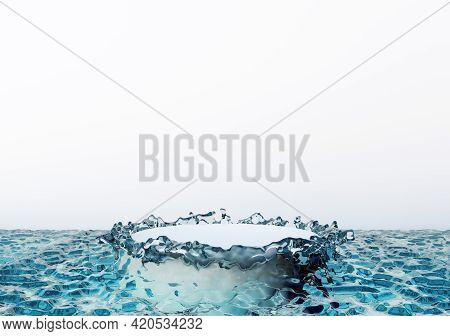 White Podium In Blue Water On The White Background. Podium For Product, Cosmetic Presentation. Creat