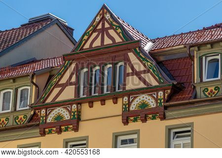 Gable Of A Half-timbered House With Colorful Decorations In Meiningen, Thuringia