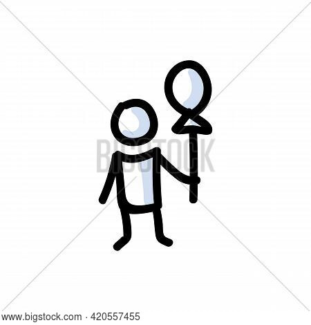 Hand Drawn Stick Figure Child With Balloon. Concept Of Floating Party Decoration. Simple Icon Motif 