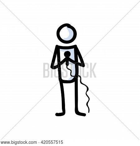 Hand Drawn Stick Figure Holding Microphone. Concept Of Public Speaking Performer. Simple Icon Motif 
