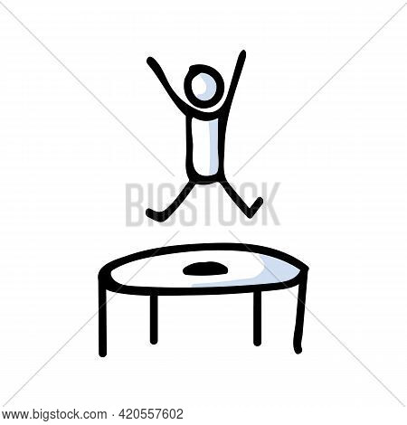 Hand Drawn Stick Figure Jumping On Trampoline. Concept Physical Exercise. Simple Icon Motif For Trap