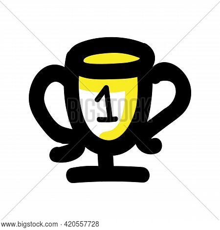 Hand Drawn First Place Trophy. Concept Prize Winner Competition. Simple Icon Motif For Pictogram Con