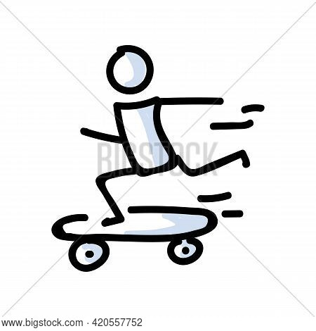 Hand Drawn Stick Figure Rider On Skateboard. Concept Of Stunt Sport Activity. Simple Icon Motif For 