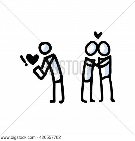 Hand Drawn Romantic Stick Figure Couple. Concept Of Love Relationship. Simple Icon Motif For Dating 