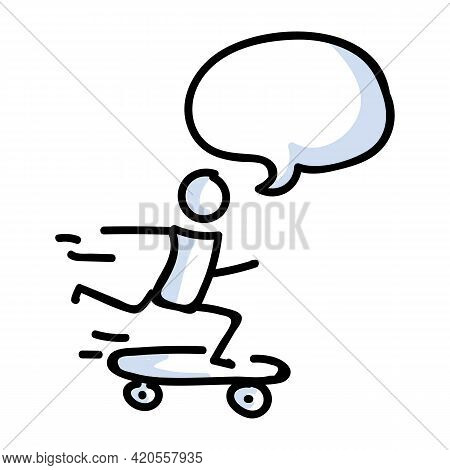 Hand Drawn Stick Figure Rider On Skateboard. Concept Of Stunt Sport Activity. Simple Icon Motif For 