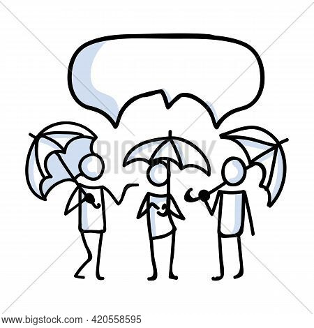 Hand Drawn Three Stick Figures With Umbrella In Rain. Concept Of Storm Shelter Expression. Simple Mo