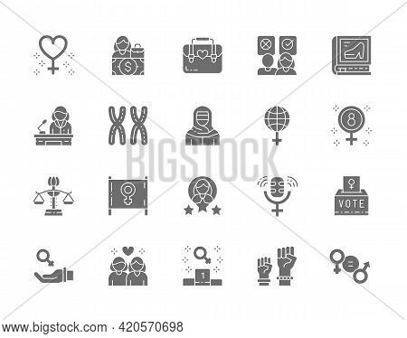 Set Of Feminism Grey Icons. Female Protest, Salary, Gender Gap And More.