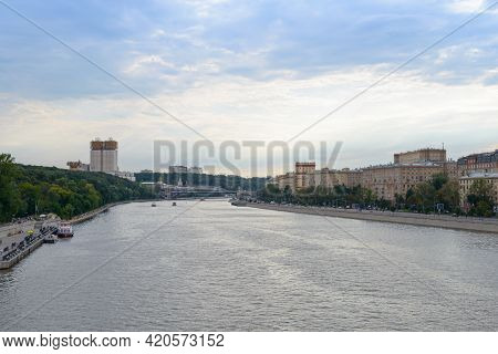 August 12, 2013: View Of The Moscow River Near Gorky Park On A Cloudy Day. Moscow. Russia.