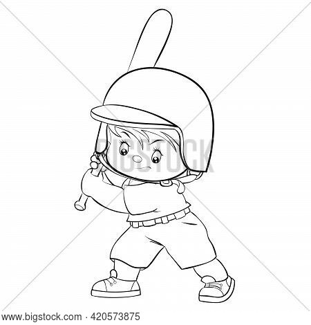 Sketch, A Baseball Player In A Helmet Swings A Bat And Is Ready To Hit The Ball, Isolated Object On 