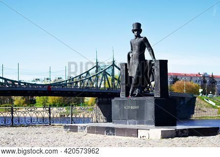 Tver, Russia, May 2021: Pushkin Monument On The Volga River In Tver.