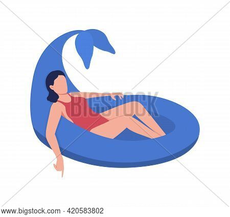 Swimming With Dolphin Pool Float Flat Color Vector Faceless Character. Water-related Activity. Safet
