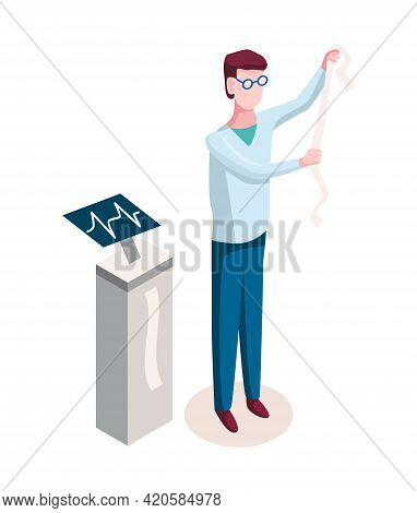 Medicine Researcher Isometric. Doctor Considers The Results Of Research. Isometric Vector Illustrati
