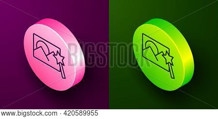 Isometric Line Photo Retouching Icon Isolated On Purple And Green Background. Photographer, Photogra