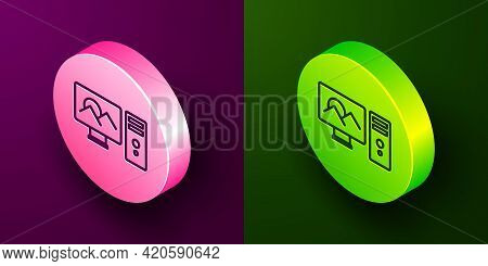 Isometric Line Photo Retouching Icon Isolated On Purple And Green Background. Photographer, Photogra