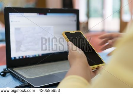 Hands Teacher Using Application Smartphone At Computer Desktop In Training Technology Coding For Dev