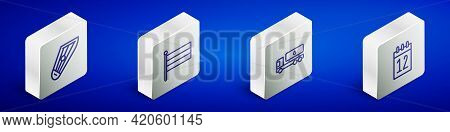 Set Isometric Line Kankles, National Russia Flag, Tanker Truck And Calendar 12 June Icon. Vector