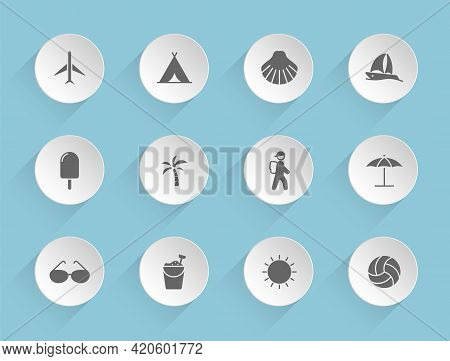 Summer Vector Icons On Round Puffy Paper Circles With Transparent Shadows On Blue Background. Summer