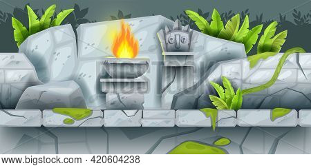 Jungle Game Seamless Vector Landscape, Maya Aztec Ancient Temple Ruin Background, Fire, Banana Leaf.