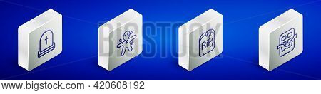 Set Isometric Line Tombstone With Rip Written, Voodoo Doll, And Chocolate Bar Icon. Vector