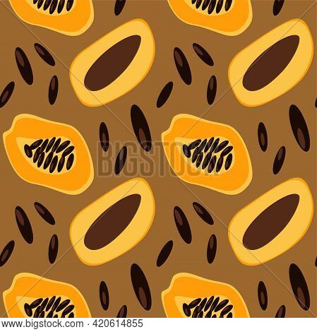 Papaya, Mango And Papya Seeds Seamless Pattern. Exotic Fruits Half Sliced Background. Vector Illustr