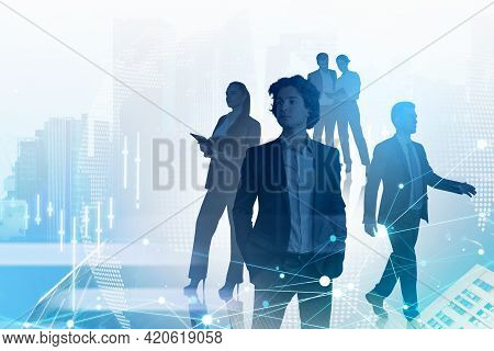 Diverse Young Business People Working Together. Skyscrapers And Stock Market Candlesticks Dynamics, 
