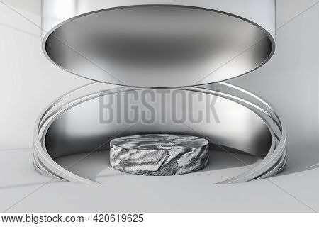 Silver Platform Stand Decoration. Luxury Marble Mockup Stand For Product Display, Advertising Goods.