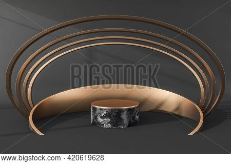 Black And Golden Platform Stand. Luxury Marble Mockup Stand For Product Display, Advertising Goods. 