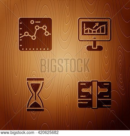 Set Stacks Paper Money Cash, Browser With Growth Graph, Old Hourglass And Computer On Wooden Backgro