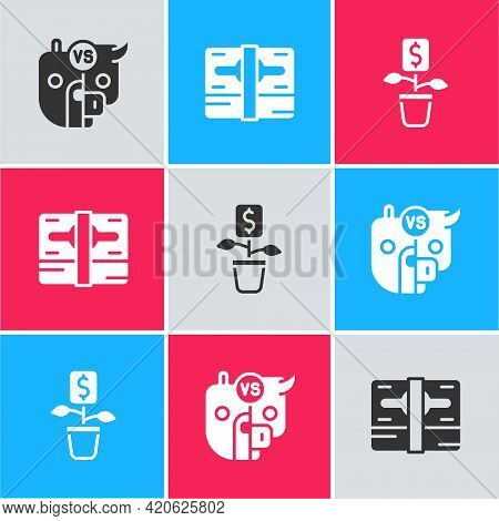 Set Bull And Bear Of Stock Market, Stacks Paper Money Cash And Dollar Plant Icon. Vector