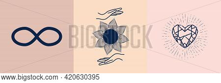 Set Of Mystical Symbols For Spiritual Practices. Magical Hands Keep Crescent, Crystal, Branch Agains
