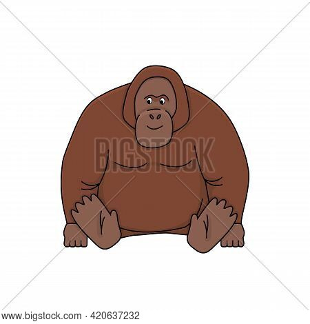 Cartoon Cute Brown Orangutan. Vector Doodle Outline Rainforest Animal Illustration. Isolated Monkey 