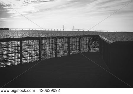 210501 Malmo Sweden - Black And White Photo Over Oresundsbron Between Sweden And Denmark. High Quali