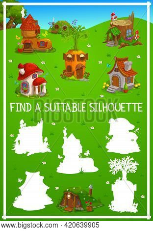 Fairy Houses Kids Game, Find Correct Silhouette Vector Riddle With Cute Dwellings. Cartoon Homes Car