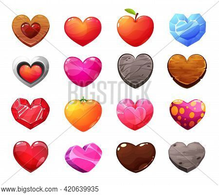 Cartoon Hearts Icons. Wooden, Apple And Orange Fruit, Gemstone, Crystal, Glass And Concrete, Stone, 
