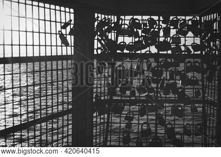 210501 Malmo Sweden - Black And White Photo Over Pier Of Love Locks. High Quality Photo