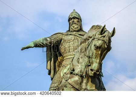 Monument To The Founder Of Moscow, Yuri Dolgoruky Against The Blue Sky.