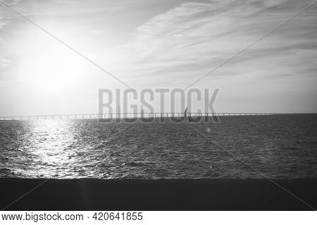 210501 Malmo Sweden - Black And White Photo Over Oresundsbron Between Sweden And Denmark. High Quali